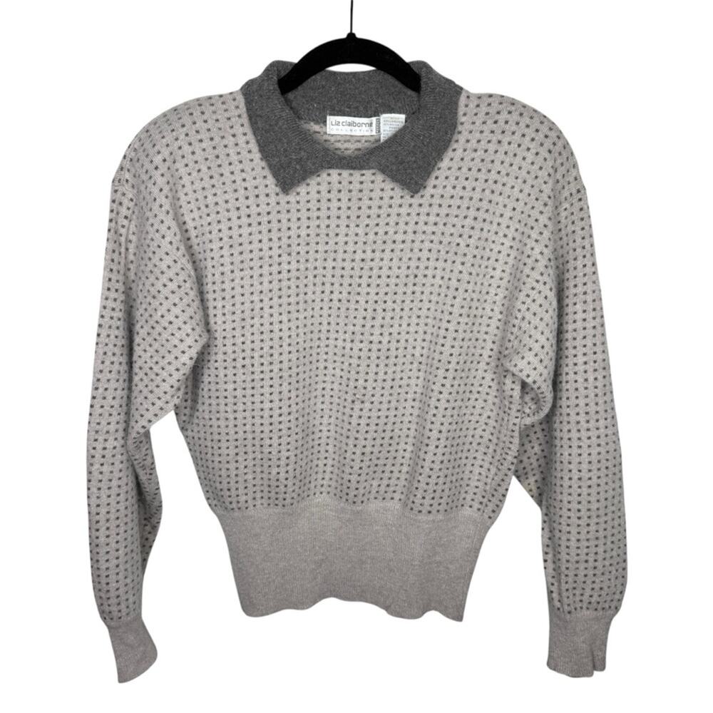 LIZ CLAIBORNE / vintage gray collared spotted lambswool angora sweater / S PET